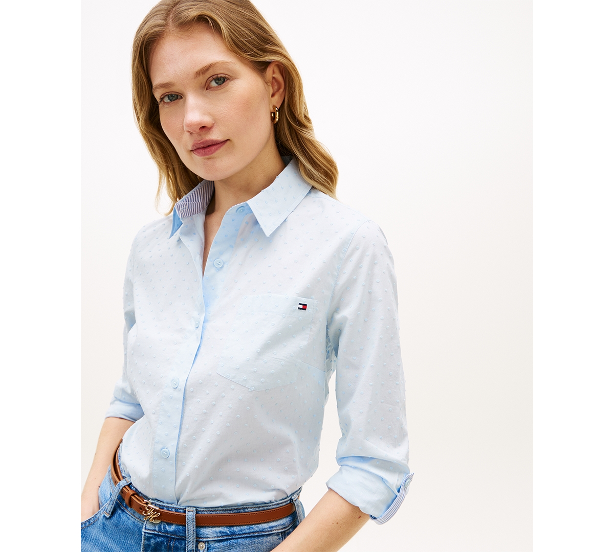 Tommy Hilfiger Women's Clip Dot Roll-Tab Collared Shirt