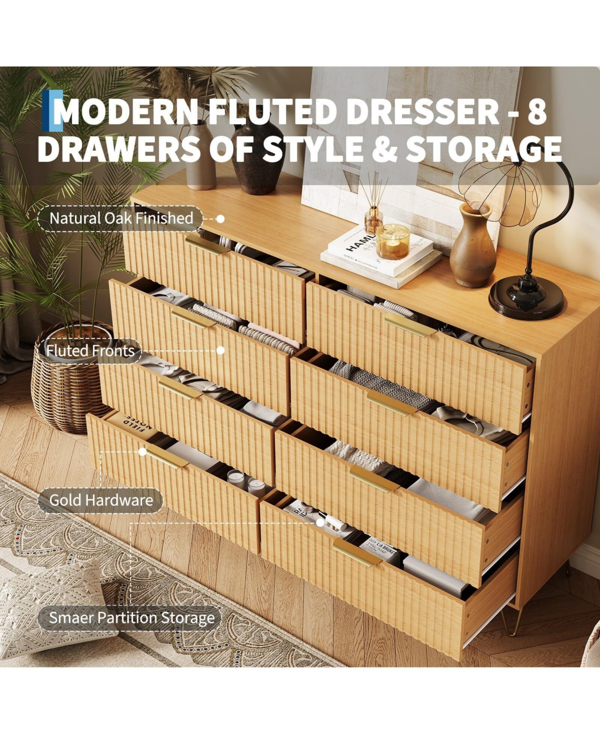 Fluted Dresser for Bedroom with 8 Drawers,55" Wide Modern Chest of Wooden Drawers