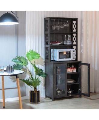 Tall Freestanding Bar Cabinet Kitchen Buffet w/ Glass Holder & Adjustable Shelf