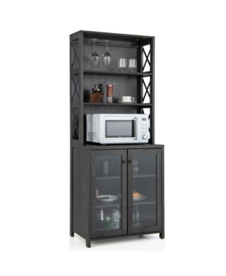 Tall Freestanding Bar Cabinet Kitchen Buffet w/ Glass Holder & Adjustable Shelf