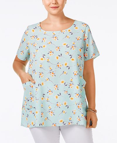 ING Trendy Plus Size Floral-Print Pocketed Tunic Top