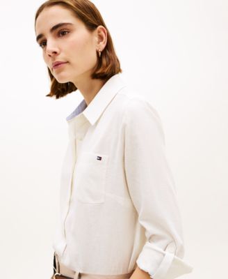 Women's Linen Roll-Tab Sleeve Collared Shirt