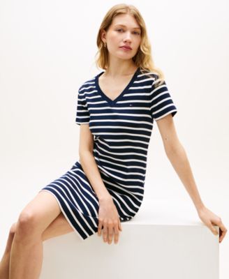 Women's Ribbed Stripe V-Neck T-Shirt Dress