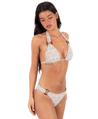 Women's V-Neck Shell Crochet Ring Tri Tie Bikini Halter Top