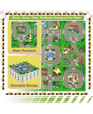 9 Traffic Puzzle Pattern Foam Interlocking Tiles - Children Educational Playmat - For Playroom, Nursery, Home, & More (9 Tiles with Borders)