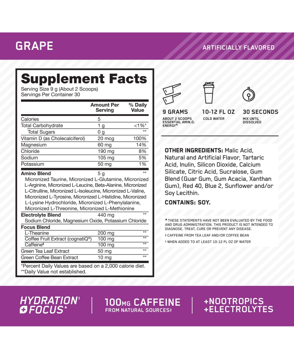 Optimum Nutrition Essential Amino Energy Hydration Plus Focus Powder, Grape, 30 Servings