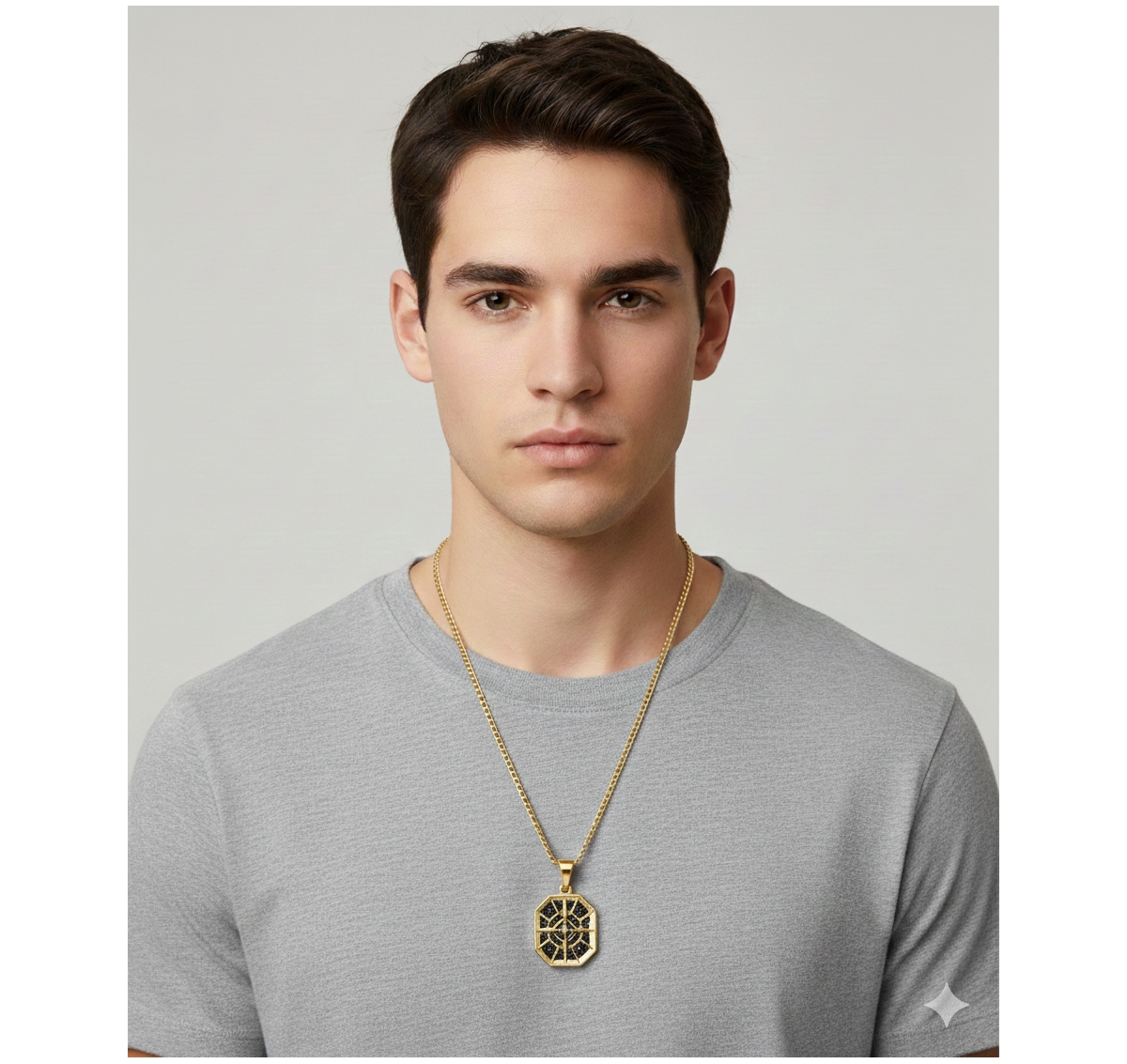 Metallo Stainless Steel, Compass w/ Black Cz Necklace