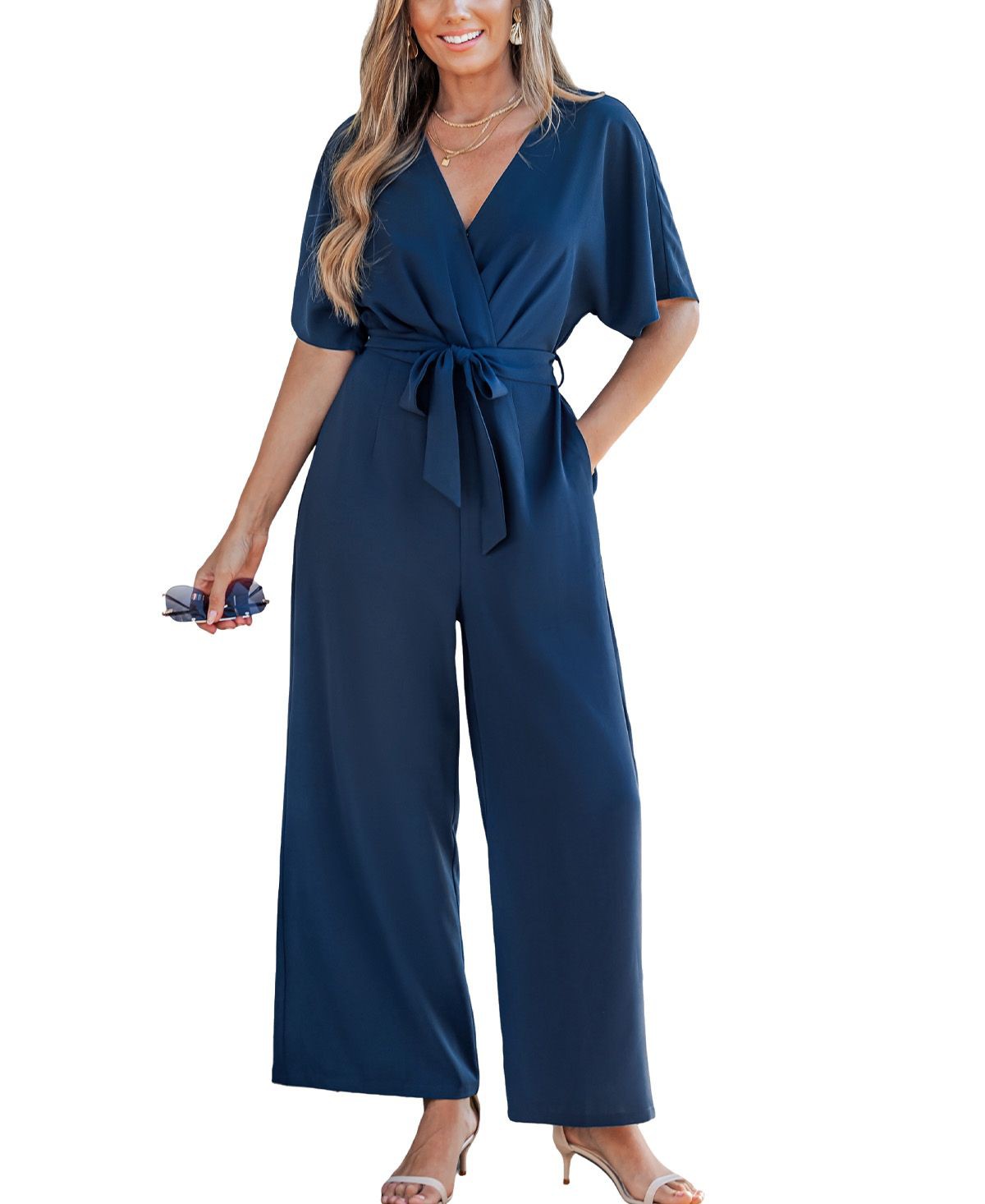 Женские Cupshe Women's Elegant Navy Jumpsuit with Waist Tie Belt — фото 1