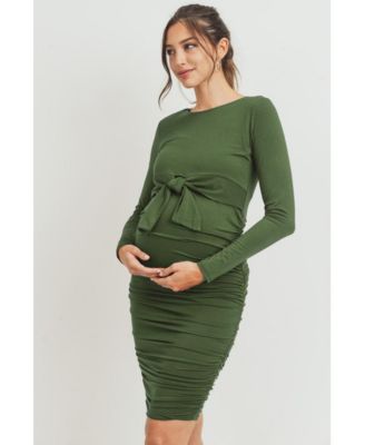 Maternity Front Tie Crew Neck Side Ruched Nursing Dress