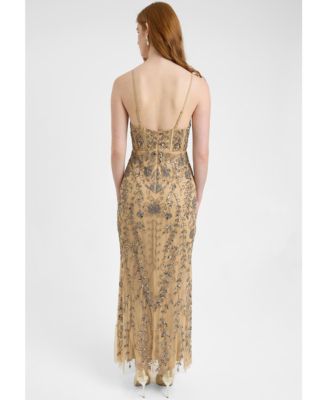 Women's Embellished Sequin Beaded Corset Maxi Dress With Deep V-Cut