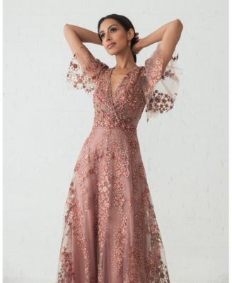 Women's Embroidered Flutter Sleeve A Line V Neck Dress