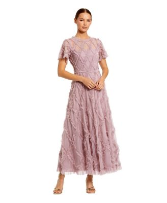 Women's Mesh High Neck Short Sleeve Ruffle Maxi Dress