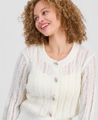 Juniors' Embroidered-Button Cable-Knit Cardigan