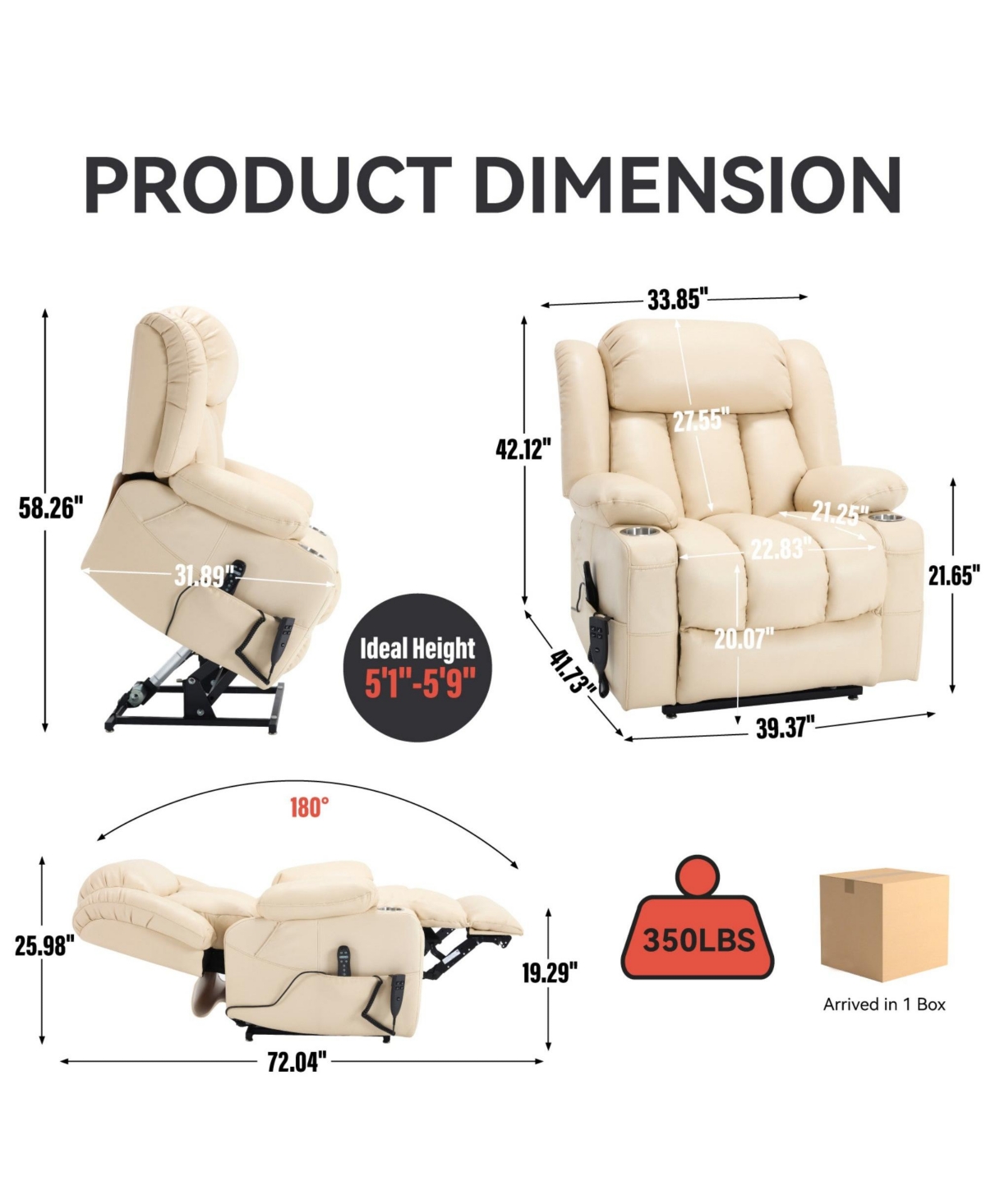 Power Lift Recliner Chair Heavy Duty Motion Mechanism with 8-Point Vibration Massage and Lumbar Heating Stainless steel Cup Holders