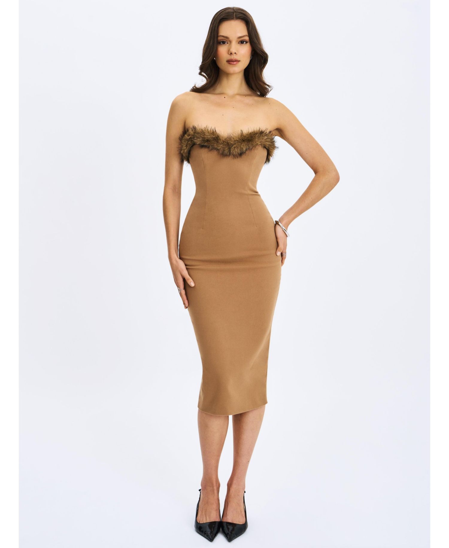 Women's Rayanne Chestnut Strapless Fur-Trimmed Sweetheart Maxi Dress