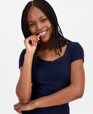 Juniors' Ribbed Lace-Yoke Top