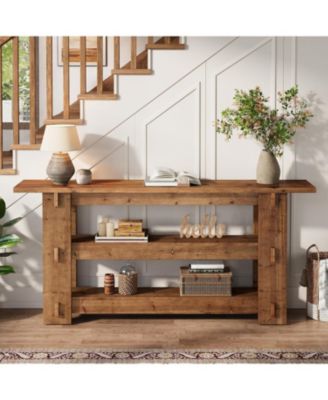 63-Inch Solid Wood Console Table, Farmhouse Sofa Table Behind Couch with Storage Shelves, Entryway Furniture