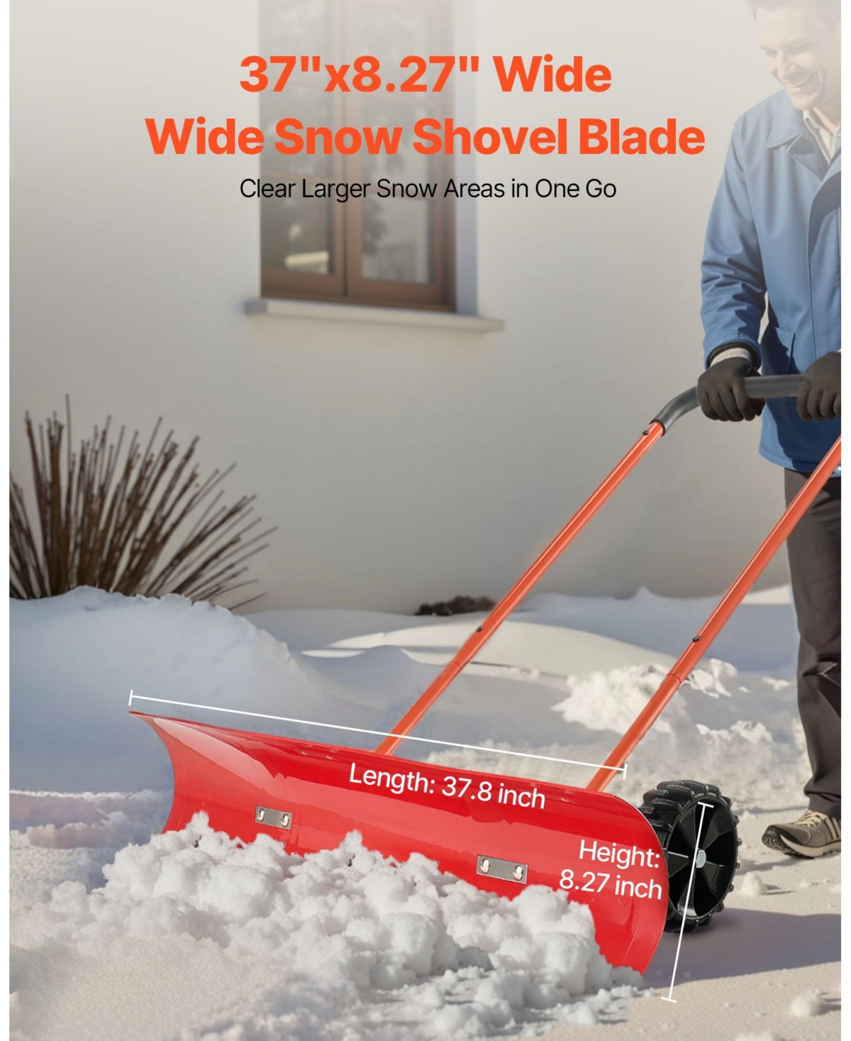 Mecale Wheeled Snow Pusher Shovel, 37.8", Angled Blade, 90° Adjustable Handle, Portable Snowplow for Driveways