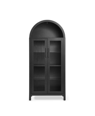 High Arched Storage Cabinet with Adjustable Glass Partitions and LED Lamp for Multi-Functional Use in Kitchens, Living rooms