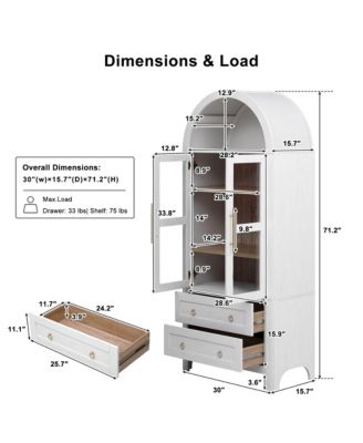 71" Tall Arched Kitchen Pantry Cabinet with 2 Large Drawers, Adjustable Shelves, Glass Door, Wood Versatile Cupboard