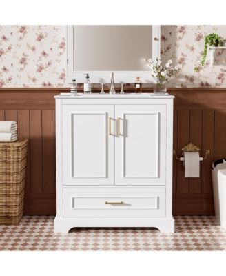 Freestanding 30 in. Bathroom Vanity with Sink, MDF and Solid Wood Frame, 1 Divider Drawer and 2 Soft-close Doors (Double Shelf on Door)