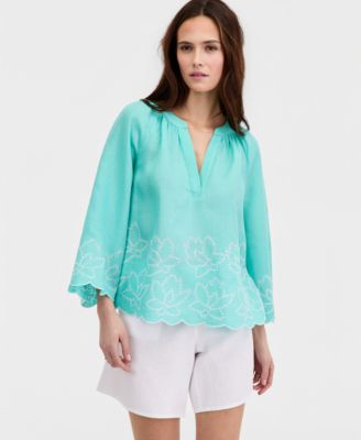 Women's 100% Linen Raglan-Sleeve Cabana Top