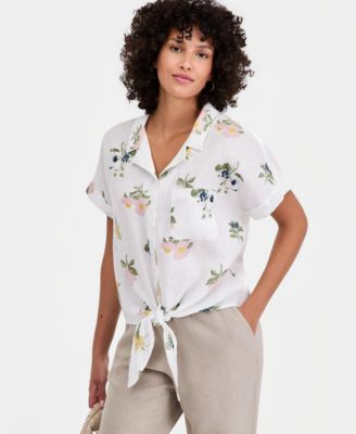 Women's 100% Linen Tie-Front Short-Sleeve Camp Shirt