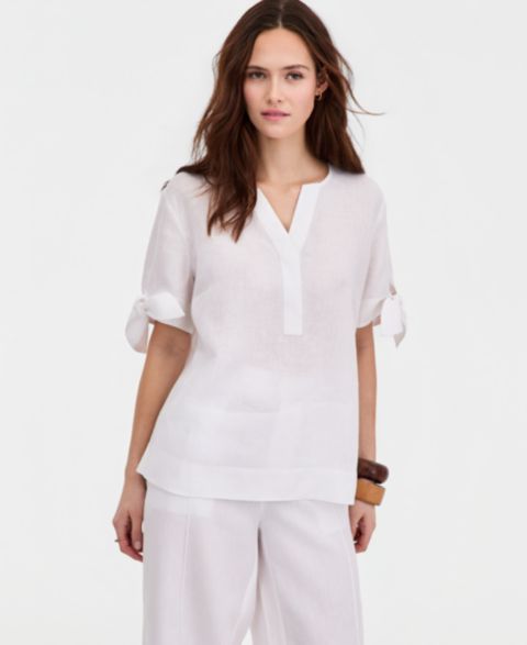 Женская блузка Charter Club Petite Tie Split-Neck Linen Loose-Fit Short-Sleeve, цвет: Яркий белый