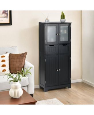 Bathroom Floor Storage Cabinet Kitchen Cupboard with 2 Drawers & Glass Doors