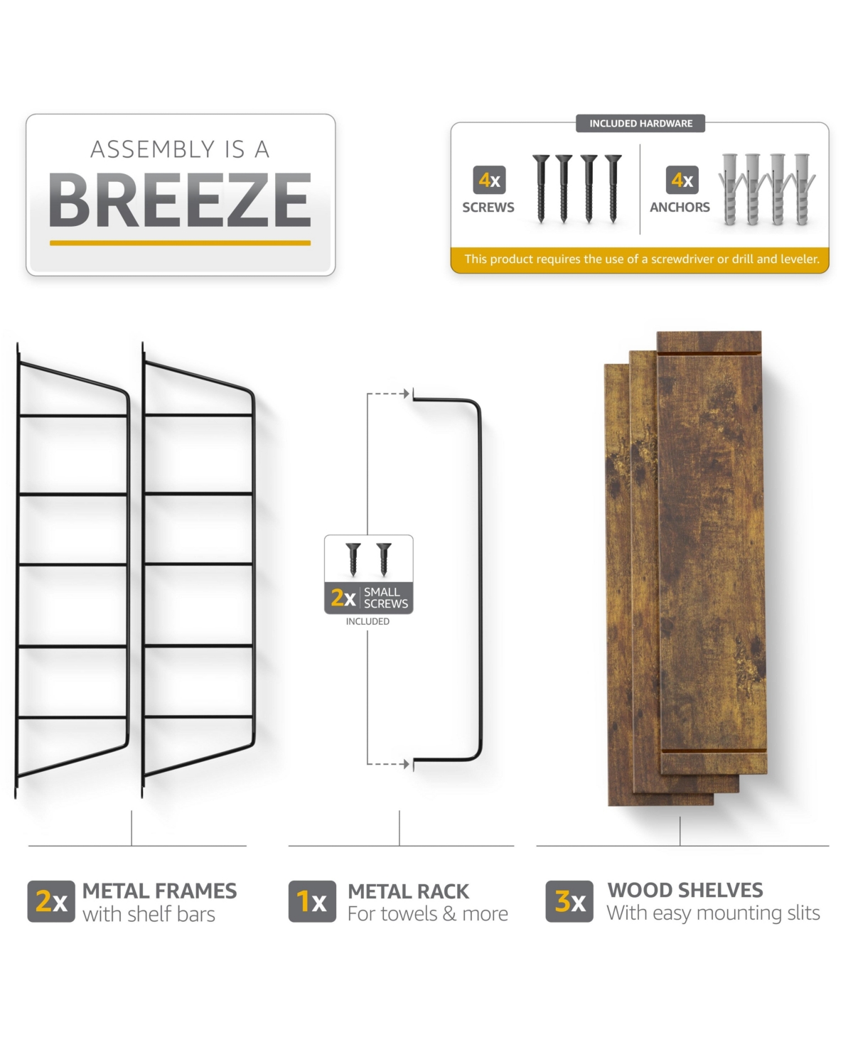 Sorbus 3-Tier Wooden Floating Shelves with Metal Brackets