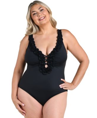 Plus Size Island Goddess Ruffle V-Neck One-Piece Swimsuit
