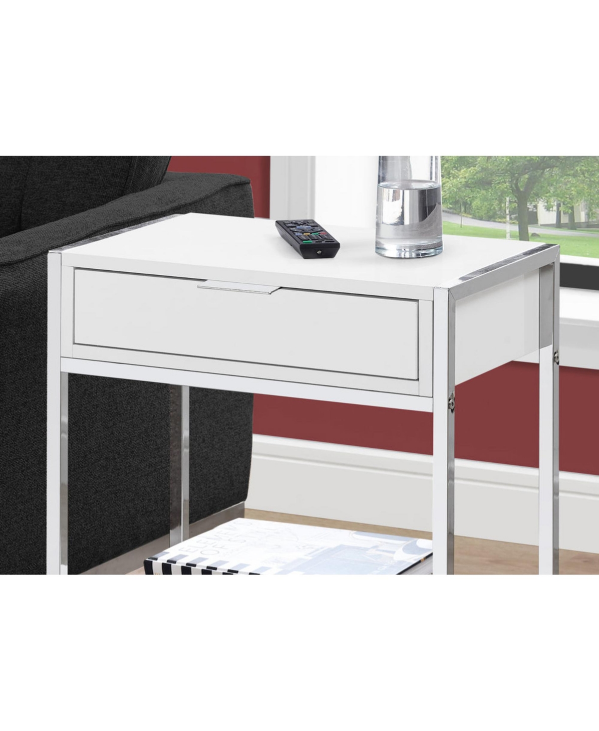 Lovmor Accent Table, Side, End, Nightstand, Lamp, Storage Drawer, Living Room, Bedroom, Glossy White Laminate, Chrome Metal, Contemporary, Modern