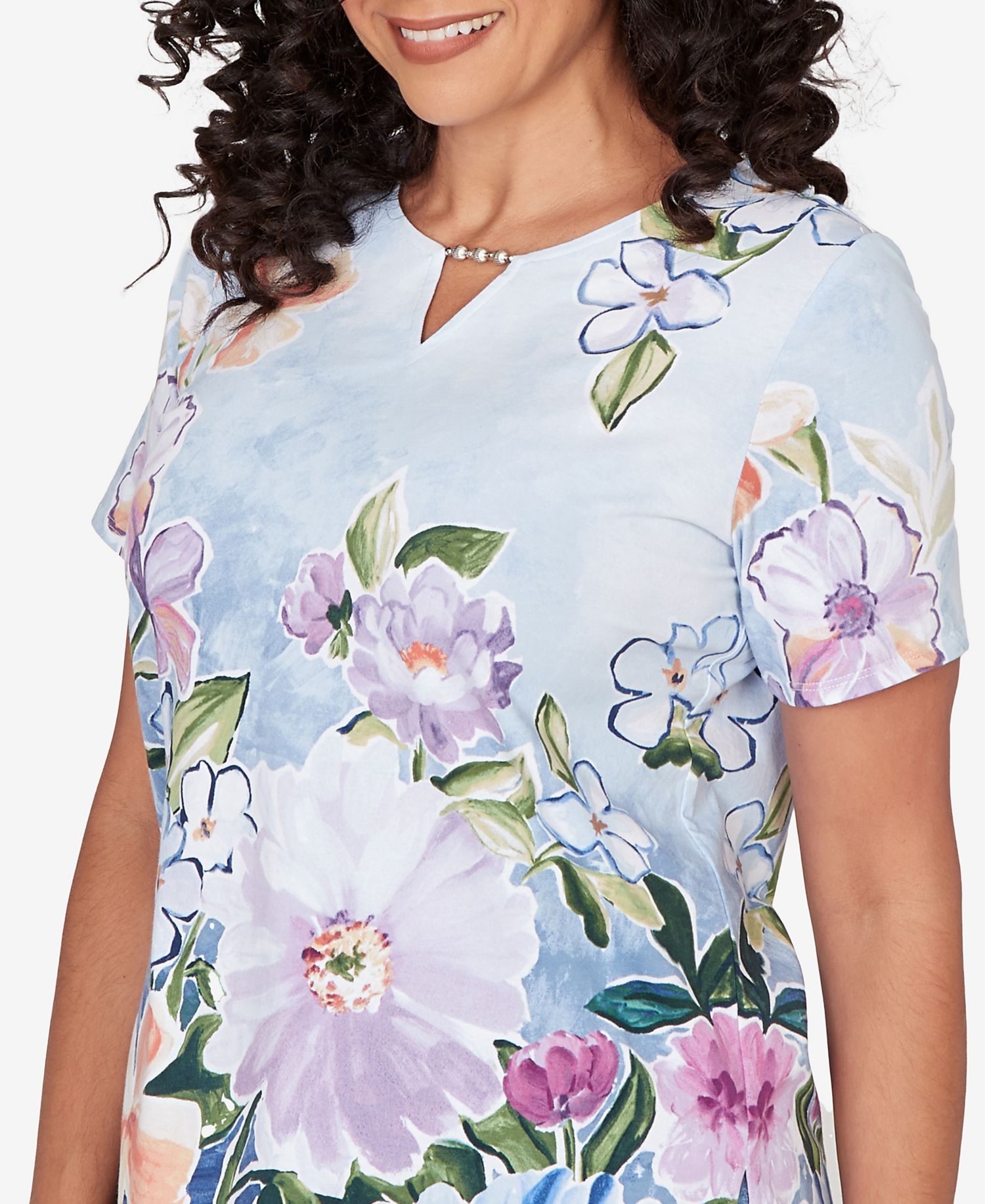 Petite Artisan Floral Split Neck Top