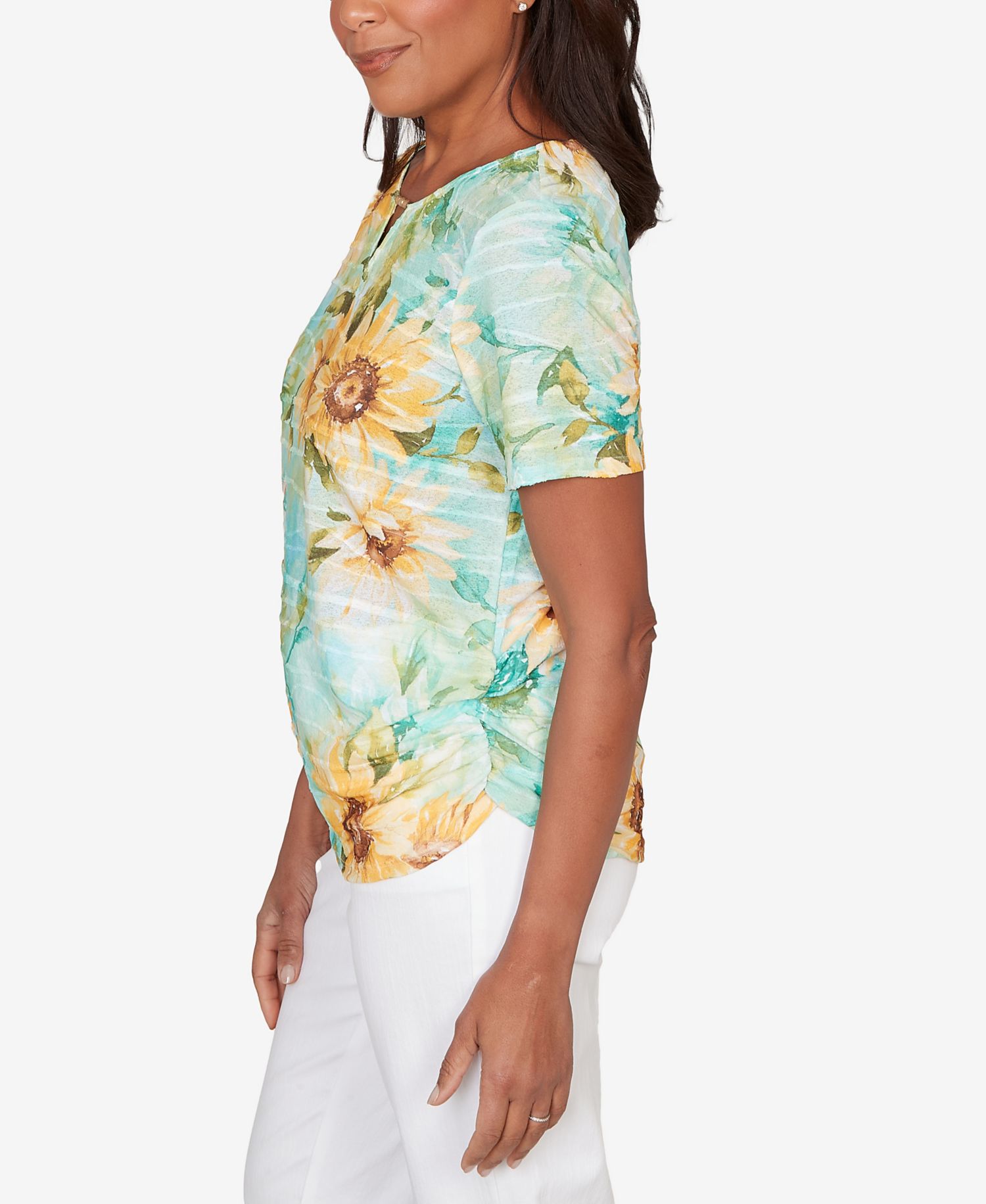 Petite Sunflower Split Neck Side Ruched Top