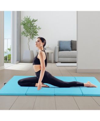 4-Panel PU Leather Folding Exercise Mat with Carrying Handles-Blue