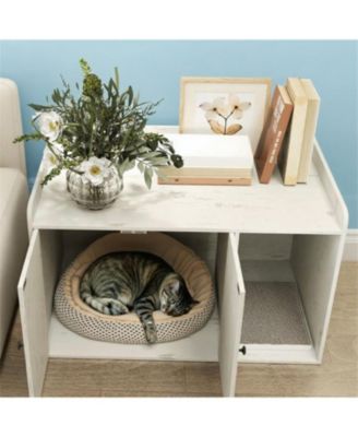 Cat Litter Box Enclosure with Scratching Mat in White