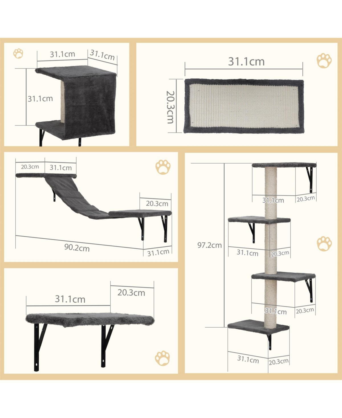 Aostirmotor 5 Pcs Wall Mounted Cat Tree Furniture with Scratching Board in Grey