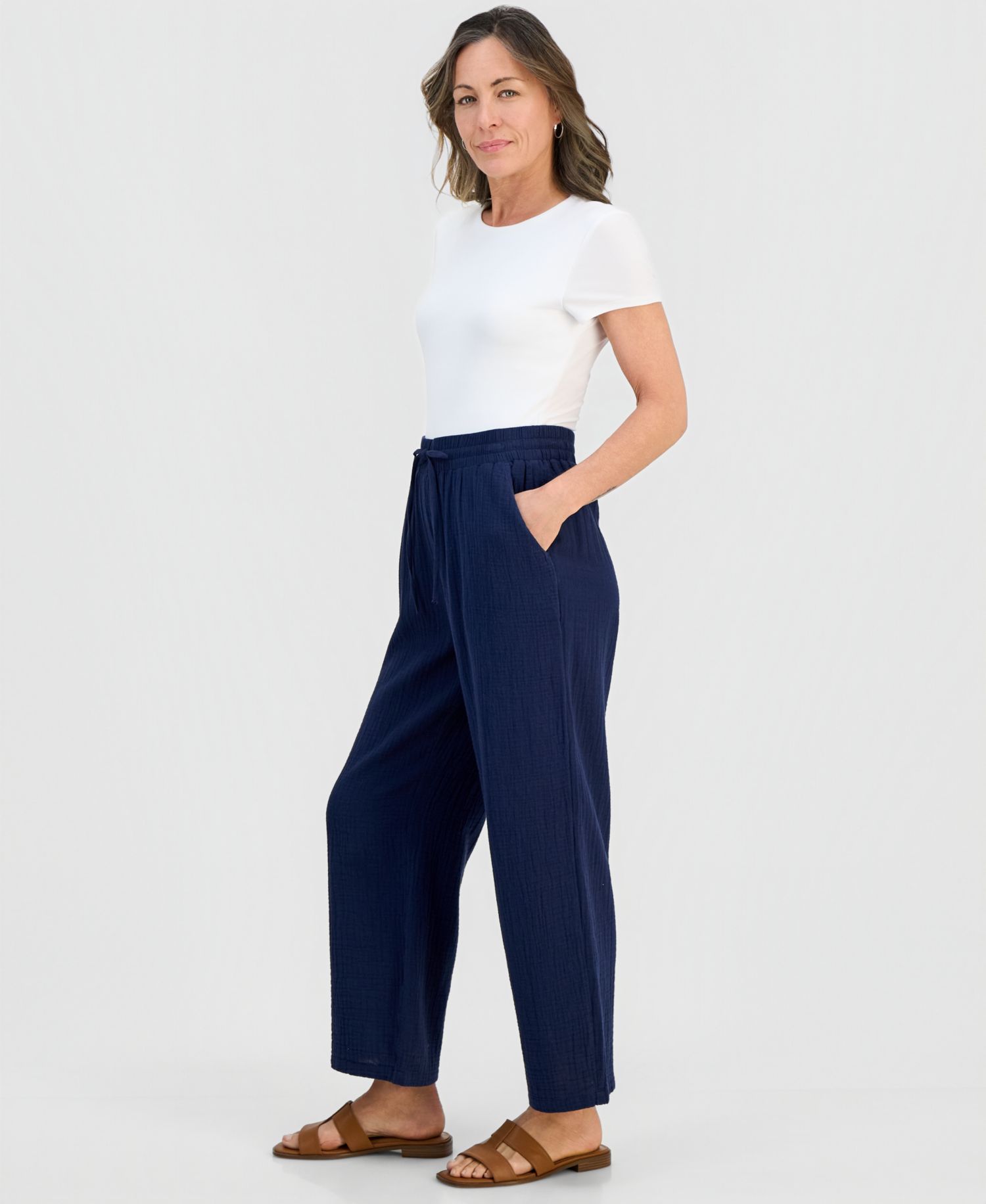 Petite Cotton Gauze Wide-Leg Pull-On Pants