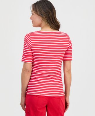 Petite Striped Boat-Neck Elbow-Sleeve Top