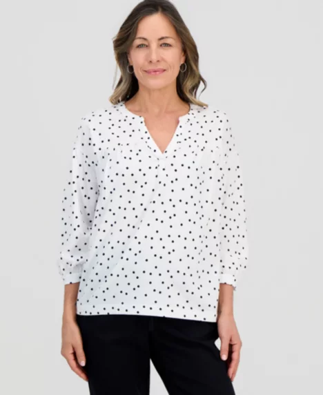 Petite 3/4-Puff-Sleeve Knit Top - Bright White Combo