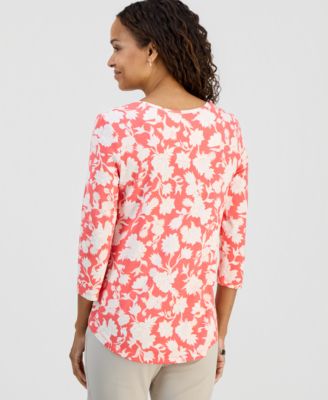 Petite Scoop-Neck Printed 3/4-Sleeve Top