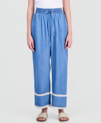 Petite Crochet-Inset Chambray Drawstring Pants