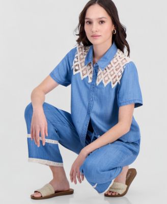 Petite Crochet-Inset Chambray Short-Sleeve Shirt