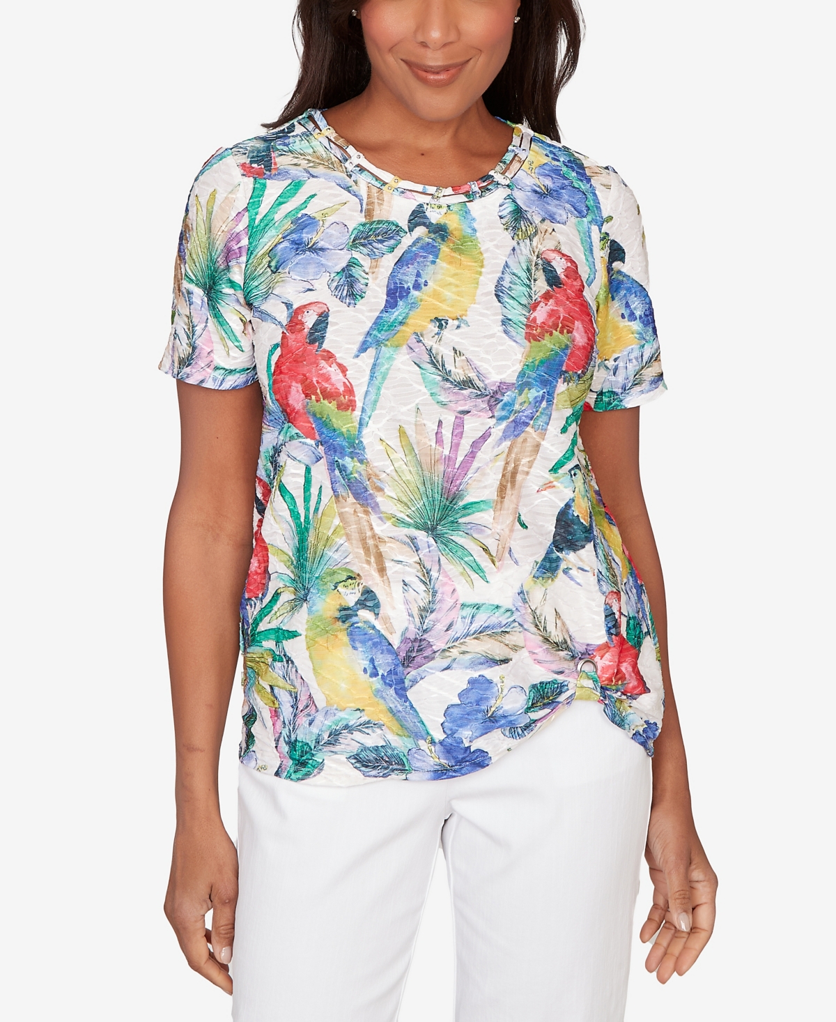 Alfred Dunner Women's Parrot Tropical Crewneck T-shirt In Multi