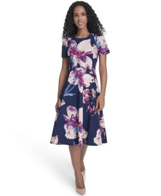 Women's Printed Crew Neck Midi Dress