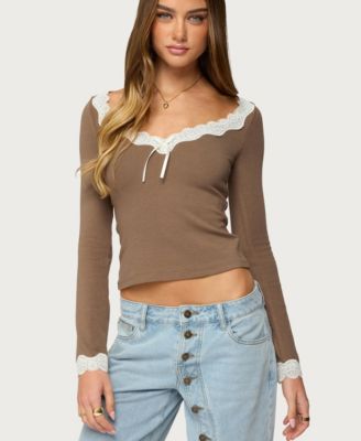Women's Contrast Lacey Long Sleeve Top