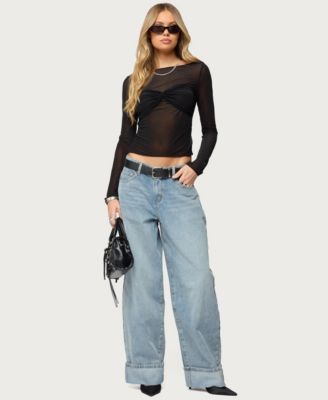 Womens Oona Sheer Gathered Long Sleeve Top