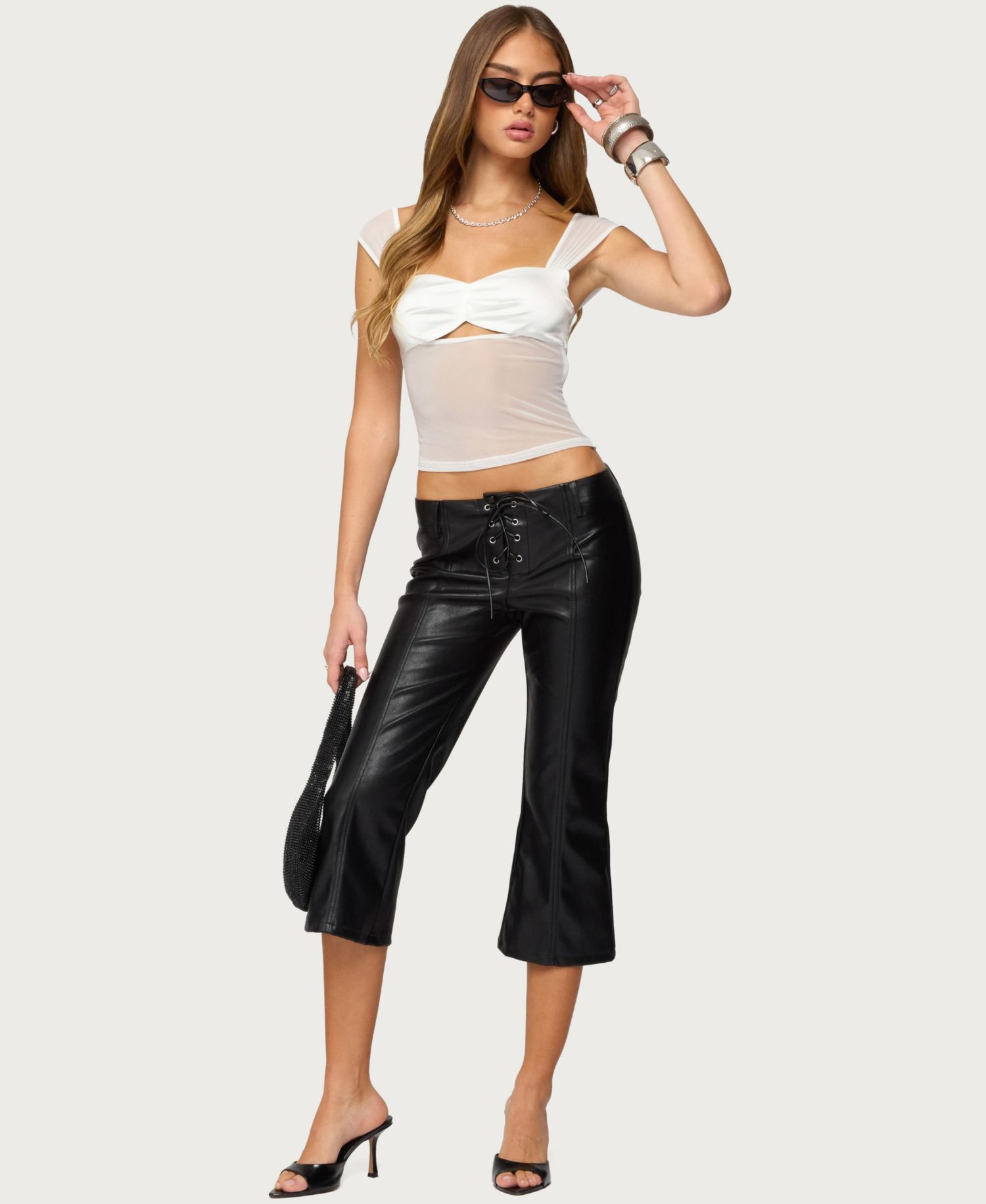 Women's Sheer Mesh and Satin Effect Cutout Top