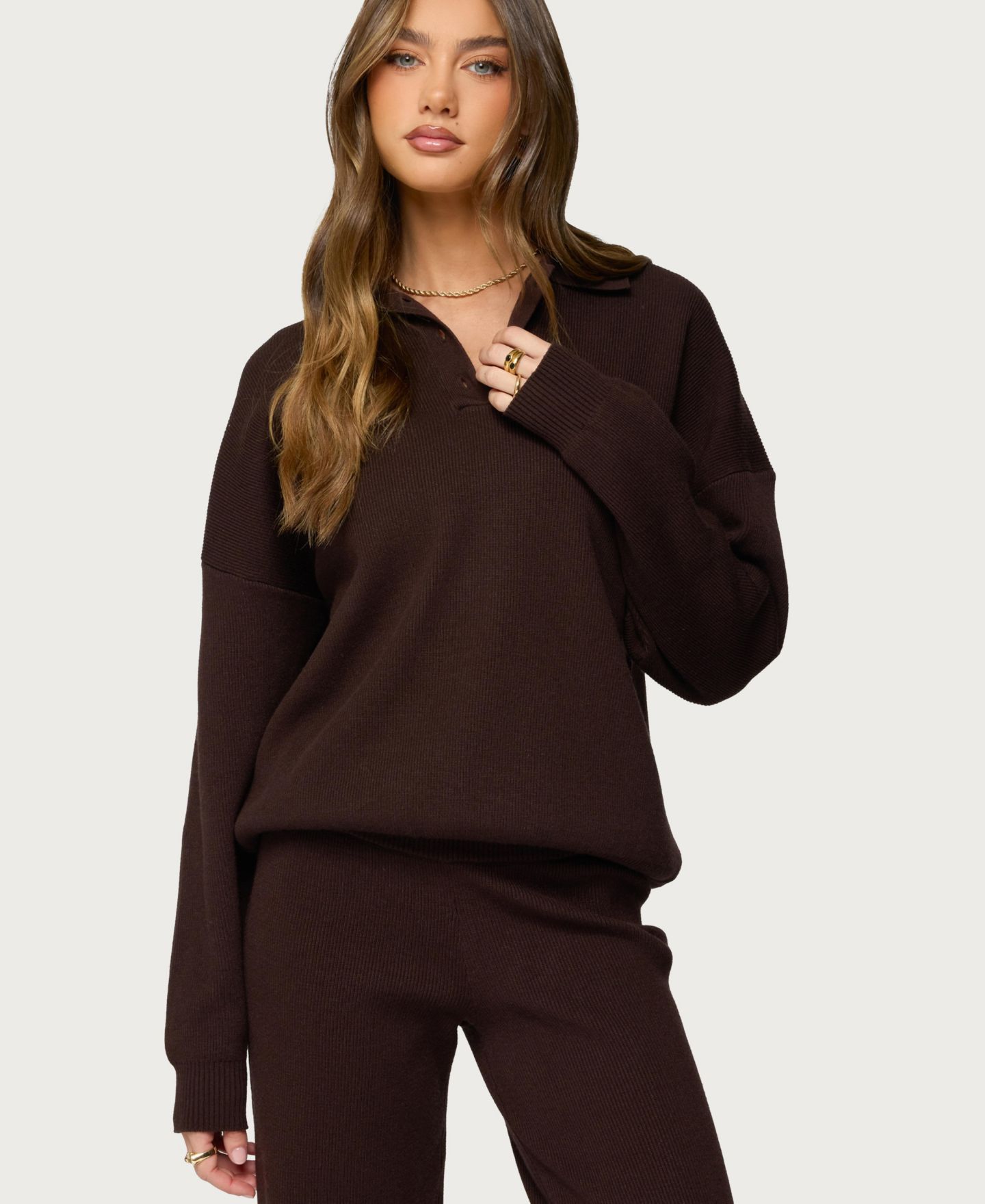 Женский свитер Edikted Lorie Oversized Knit Polo Sweater, цвет: Коричневый — фото 1