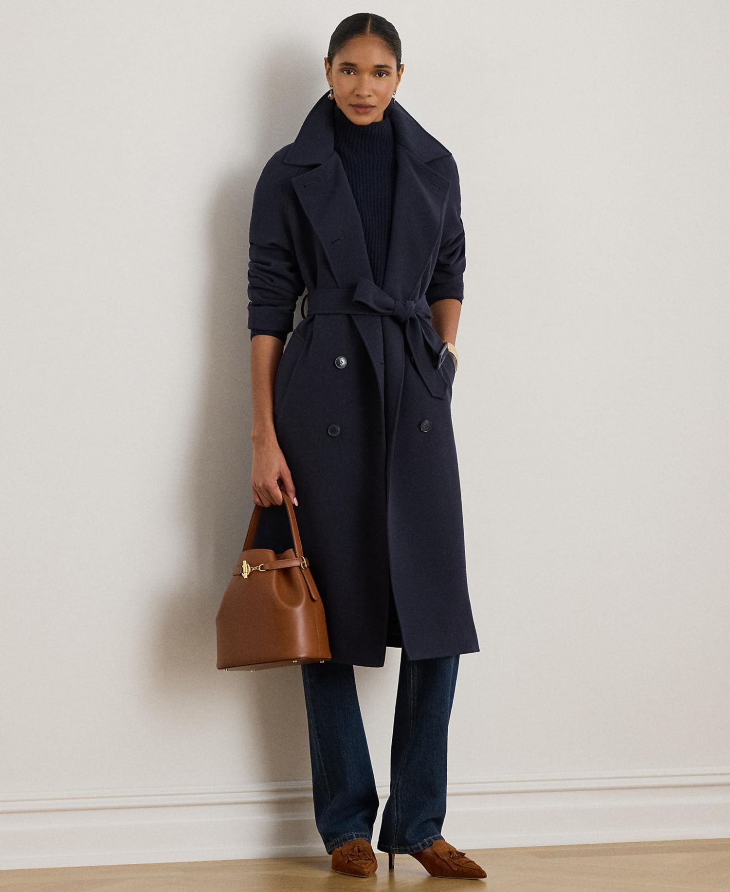 Women's Double Breasted Belted Crepe Trench Coat